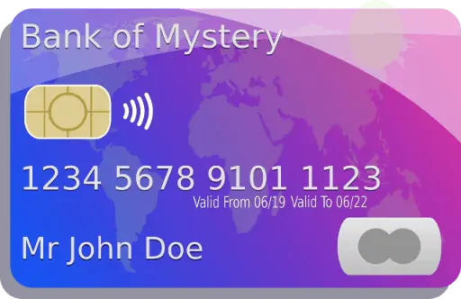 A fake bank card from the "Bank of Mystery" shows a contactless indicator. The card belongs to Mr. John Doe.
