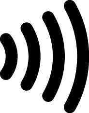 Black contactless indicator with four concentric lines, that looks like a wifi symbol tipped to the right.