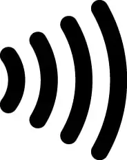 Black contactless indicator with four concentric lines, that looks like a wifi symbol tipped to the right.
