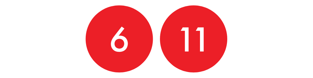 Dos círculos, ambos de color rojo intenso. Uno dice "6" y el otro "11" para indicar esas líneas de autobús.