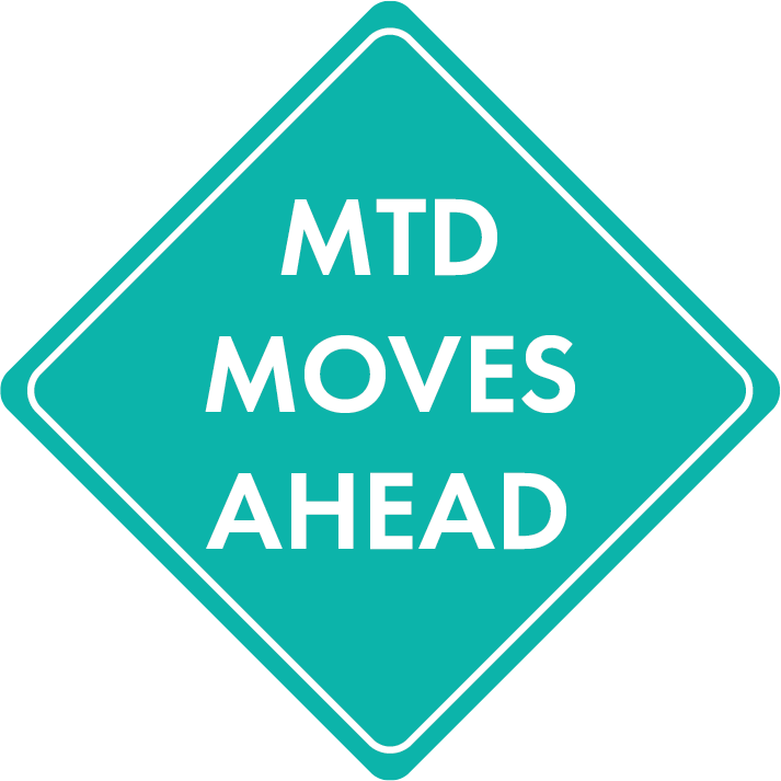 MTD moves ahead logo (a turquoise diamond in the shape of a roadwork ahead sign with the words "MTD Moves Ahead") 