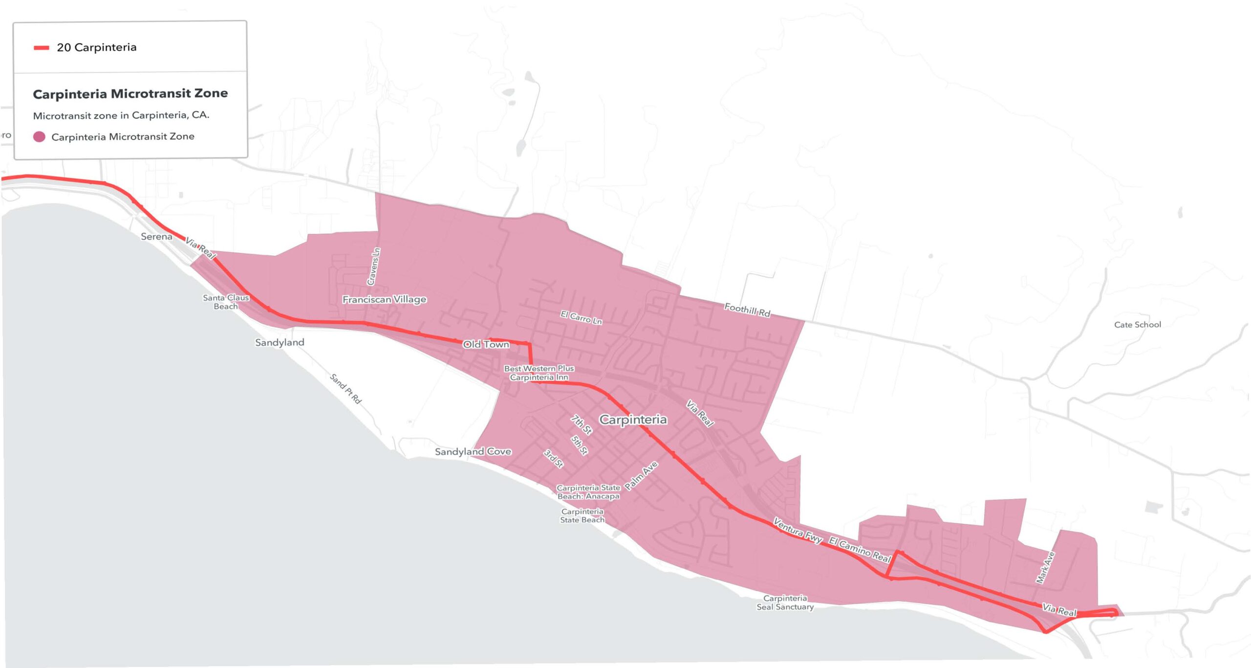 Un mapa del área de Carpinteria sombreado en rojo para indicar la disponibilidad del servicio de microtránsito dentro de esa zona.