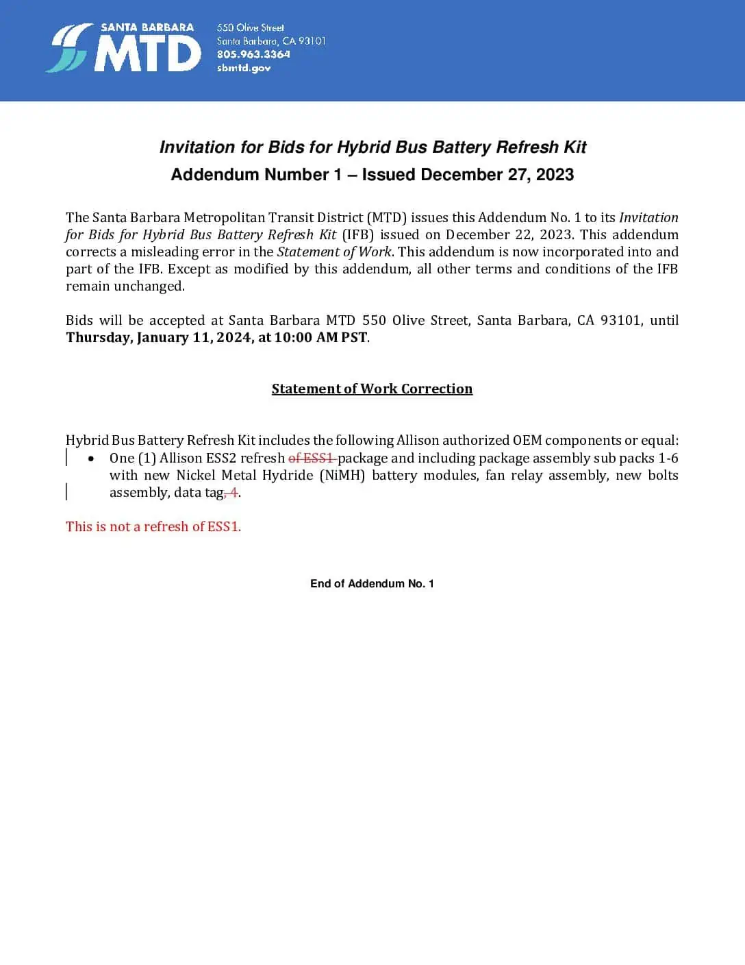 Addendum 1 Battery Refresh Kit IFB (20231227) Santa Barbara MTD