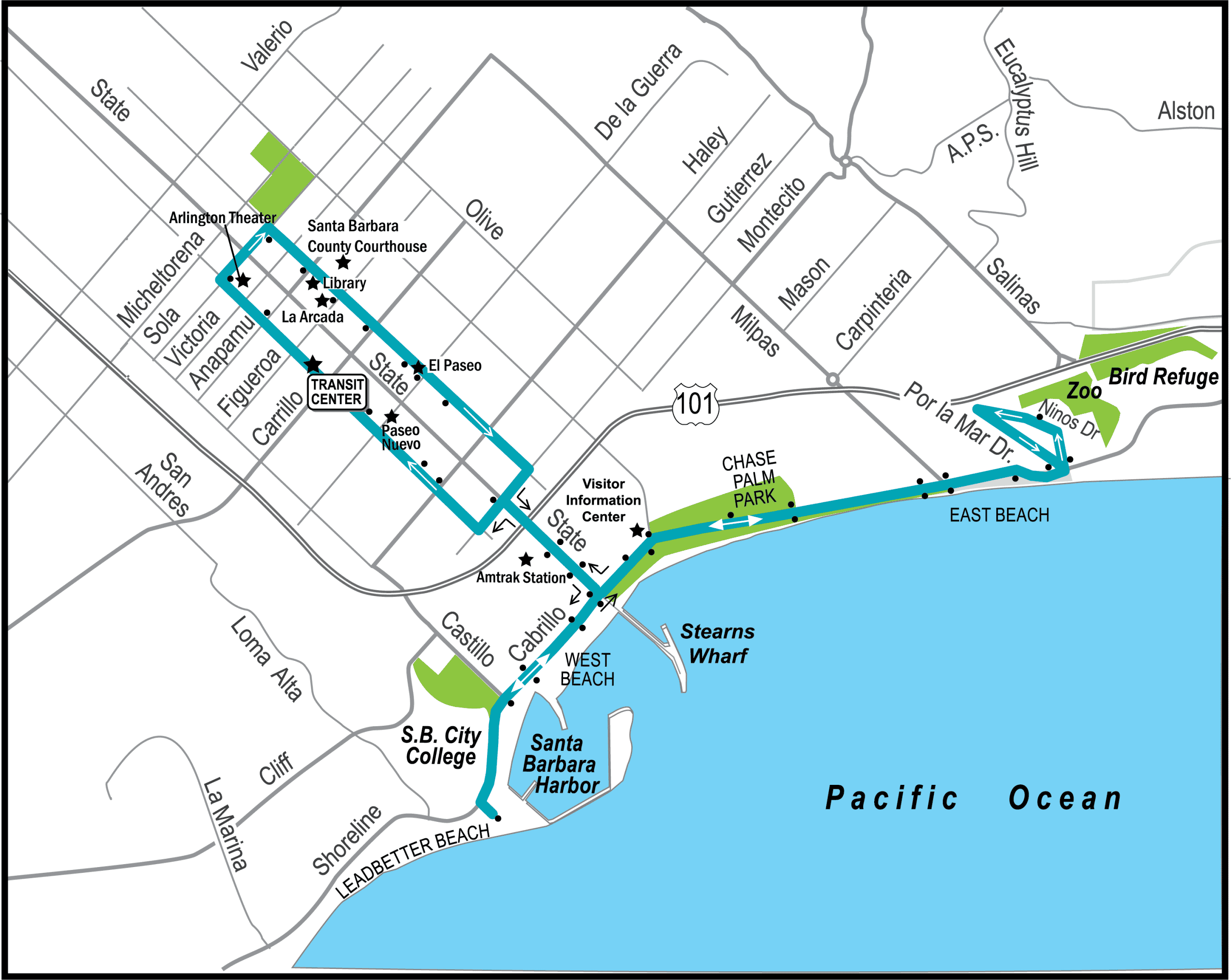 Map of Downtown-Waterfront Shuttle Route with stops