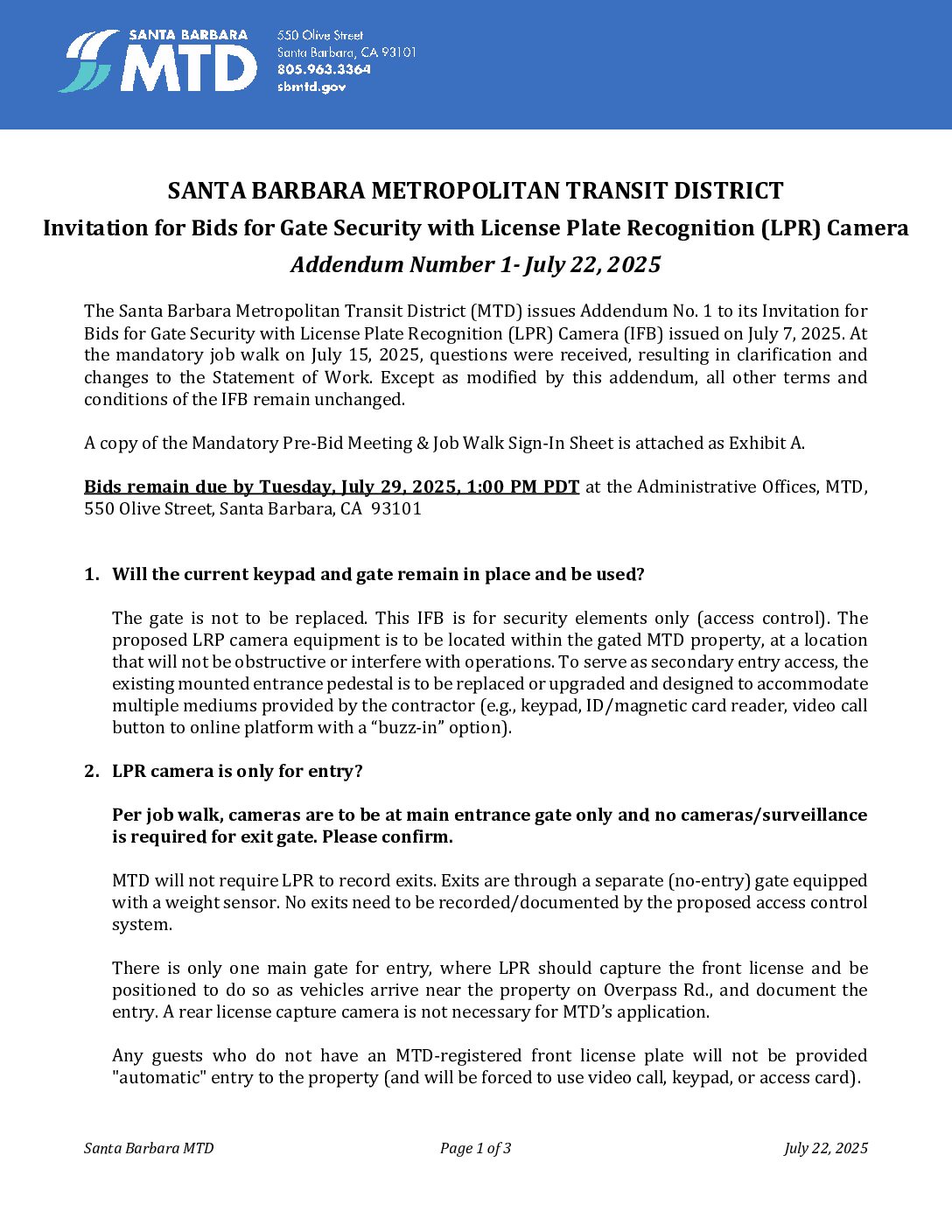 Addendum Number 1 – Gate Security IFB (20250722) – Santa Barbara MTD