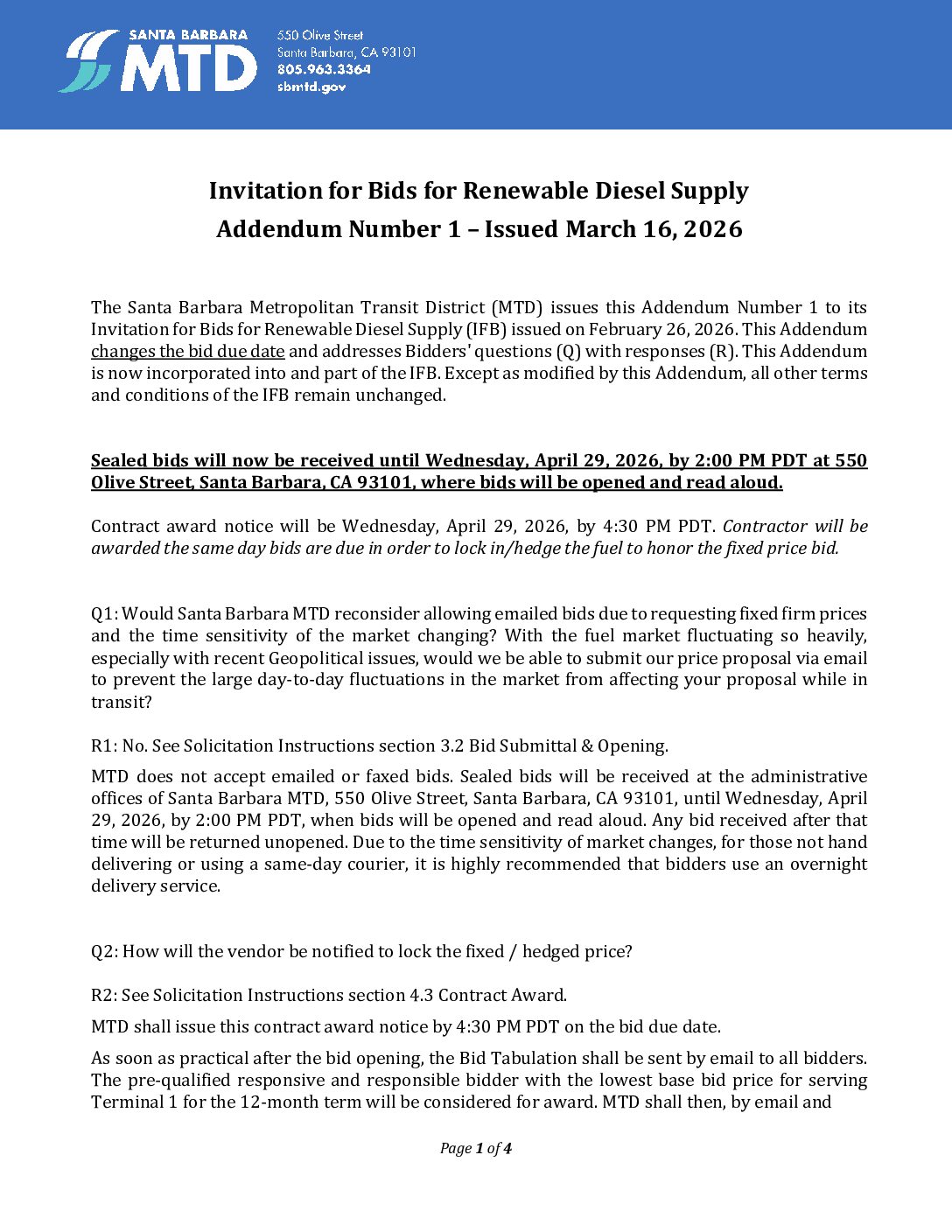 Addendum Number 1 – Renewable Diesel Supply IFB (20260316) – Santa ...