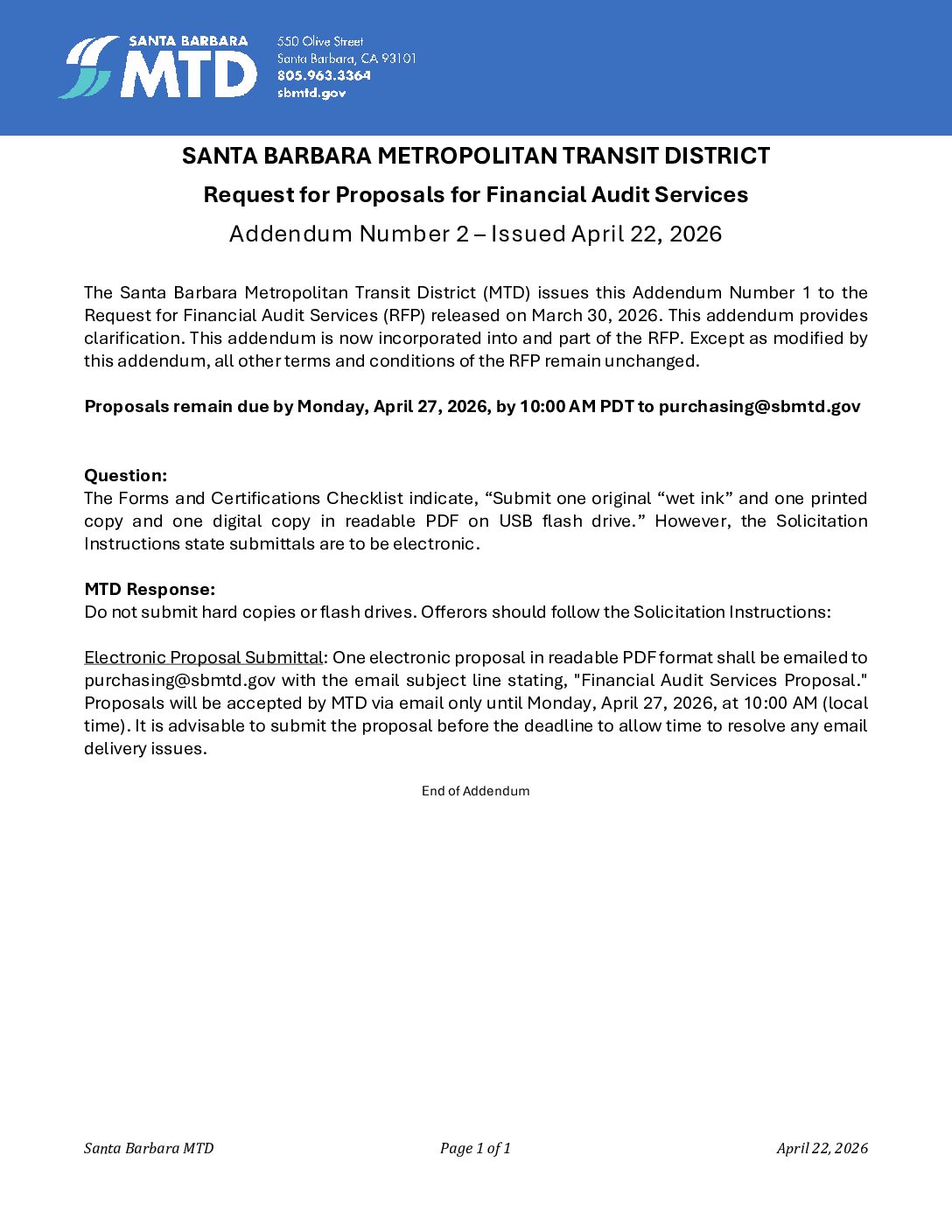 Addendum Number 2 – Financial Audit Services (20260422) – Santa Barbara MTD