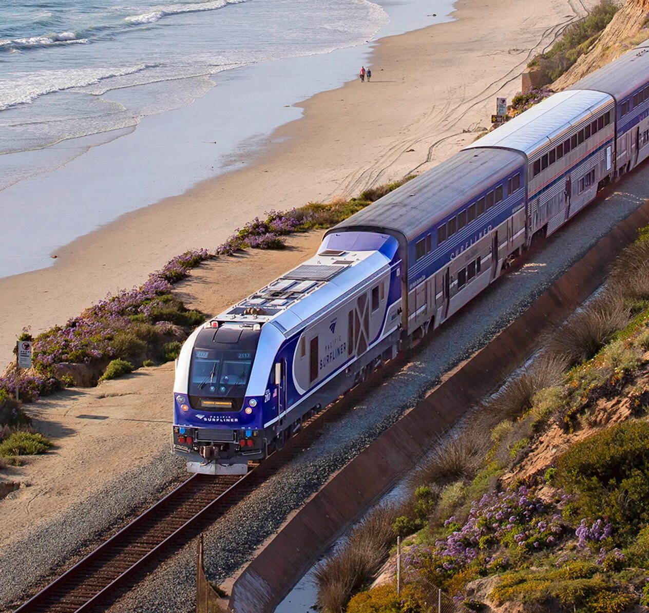 A photo of the Pacific Surfliner gliding along the tracks on the Central Coast.
Credit: amtrak.com