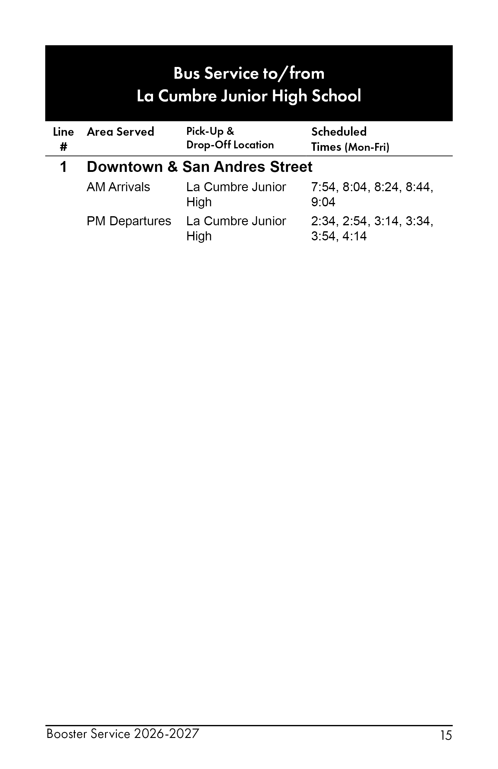 A photo of a schedule for Line 1 booster times.