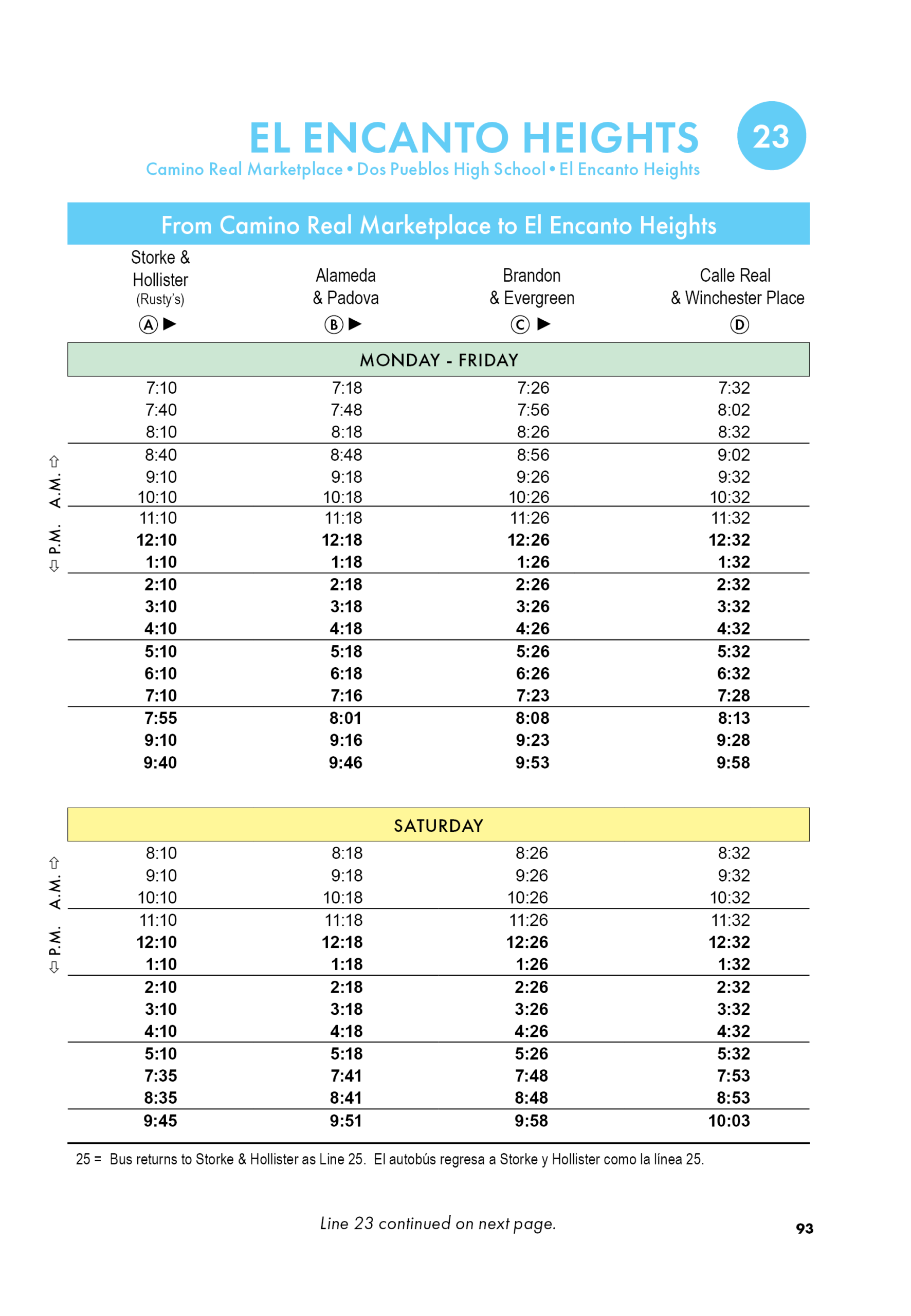 Timetable for Santa Barbara MTD Line 23 traveling from Camino Real Marketplace to El Encanto Heights. The schedule lists departure times at State & Hollister, Alameda & Padova, Brandon & Evergreen, and Calle Real & Winchester Place. Separate schedules are shown for Monday through Friday and Saturday service.