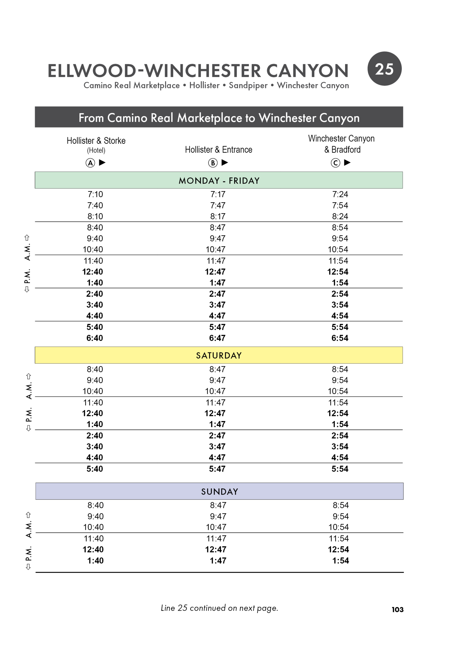 Timetable for Santa Barbara MTD Line 25 traveling from Camino Real Marketplace to Winchester Canyon. The schedule lists departure times at Hollister & Storke, Hollister & Entrance, and Winchester Canyon & Bradford. Separate schedules are shown for Monday through Friday, Saturday, and Sunday service.