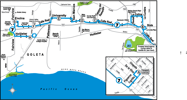 Map showing Santa Barbara MTD Line 7 between Downtown Santa Barbara and Goleta Old Town. The route travels along State Street, Calle Real, University Drive, Hollister Avenue, and through Old Town Goleta, with major stops and connections marked along the route.