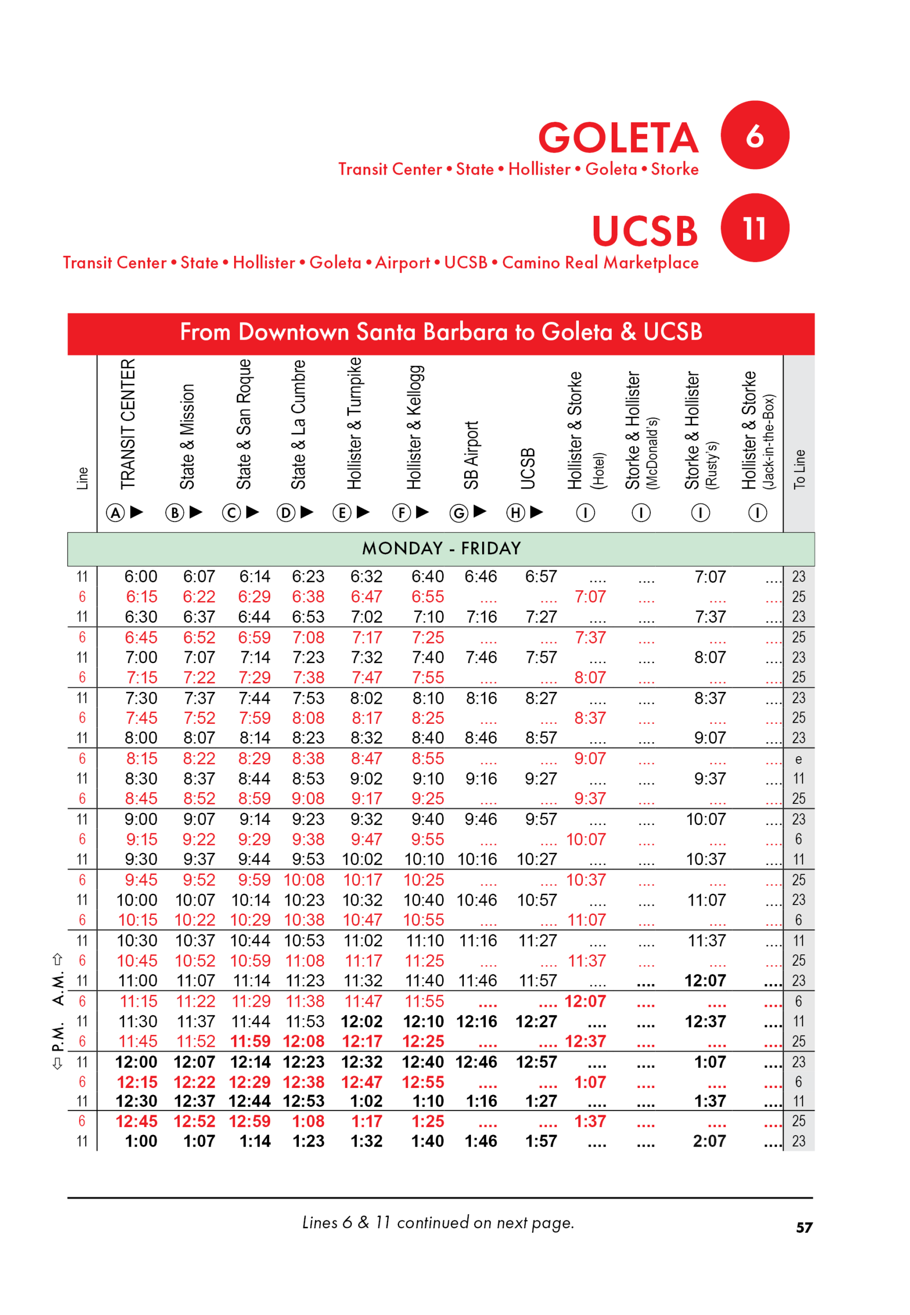 Santa Barbara MTD weekday schedule for Lines 6 and 11, providing service from Downtown Santa Barbara to Goleta and UCSB. The timetable lists departure times from the Transit Center and major stops along State Street and Hollister Avenue through Goleta and UCSB.